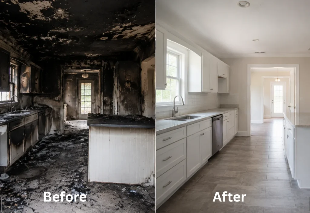 Before and after fire damage restoration showing a damaged and restored home interior in Miami FL