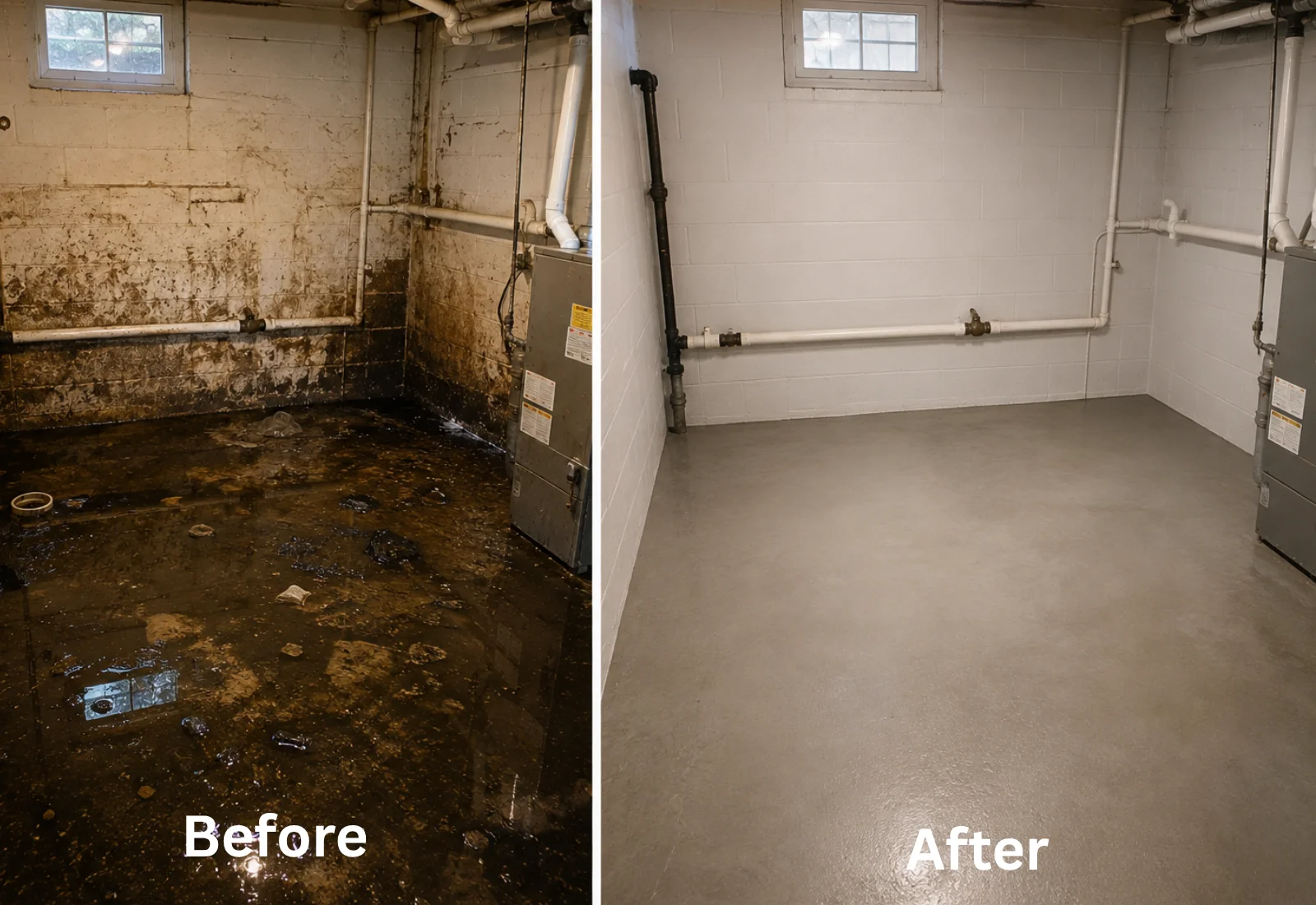 Before and after sewage cleanup showing a flooded and restored basement in Miami FL