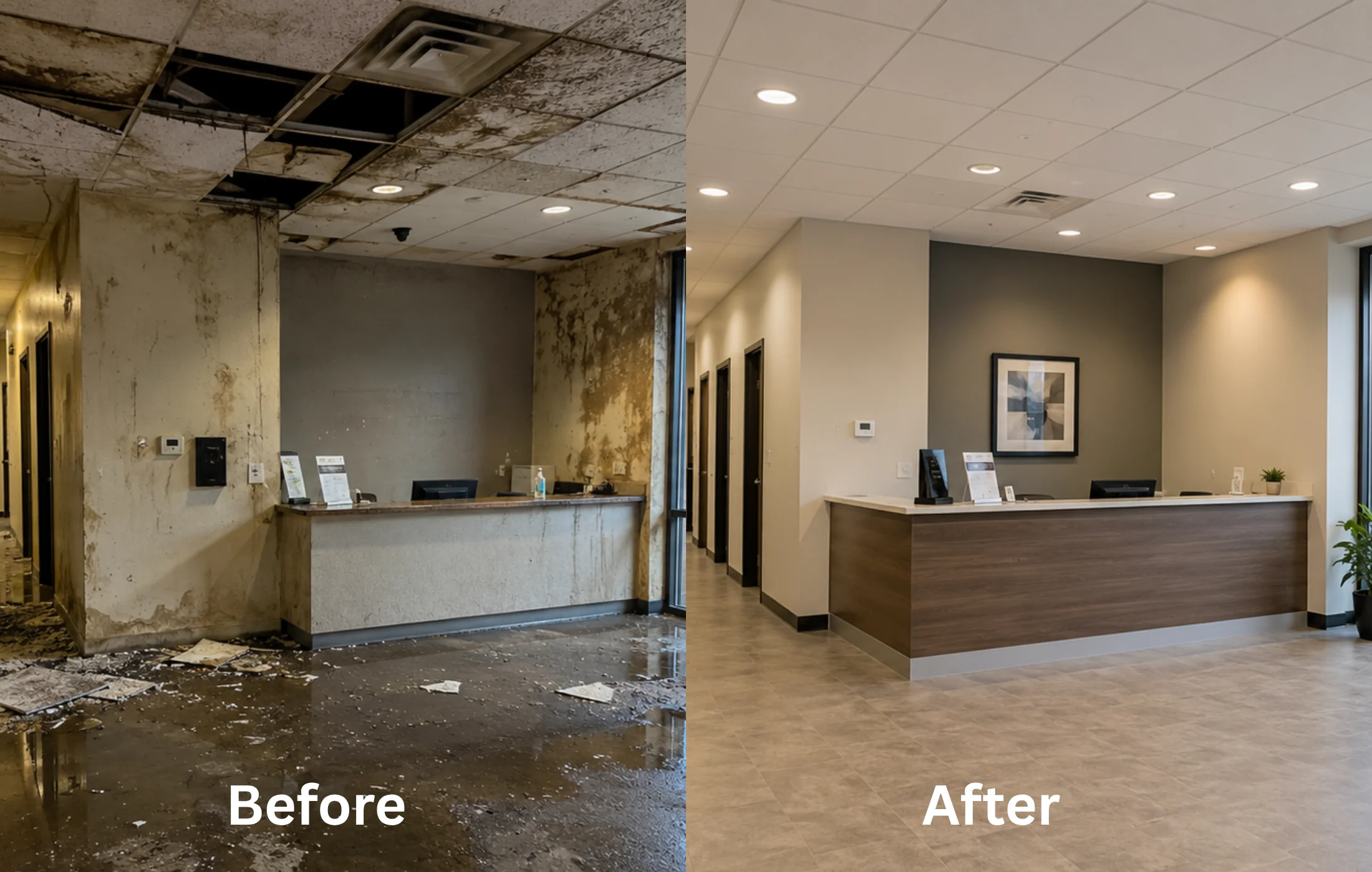 Before and after commercial restoration showing a damaged office restored to a clean and professional condition.