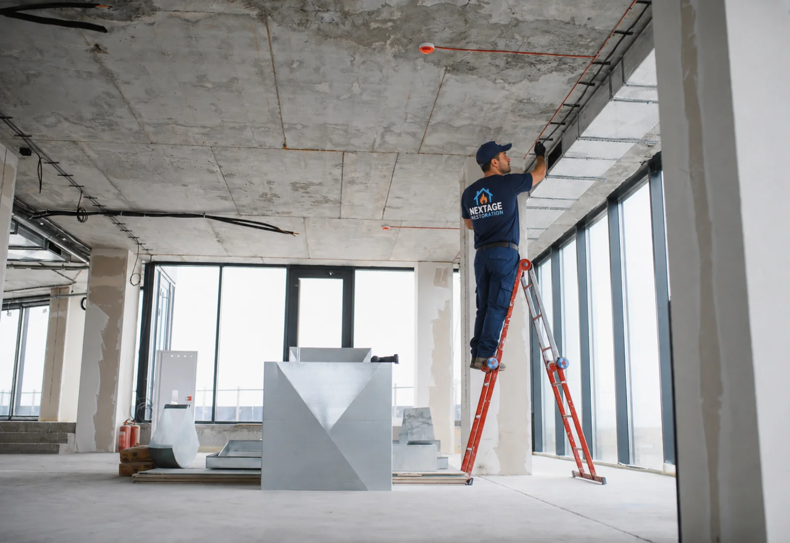Commercial restoration technician working inside a Miami FL building and near me areas