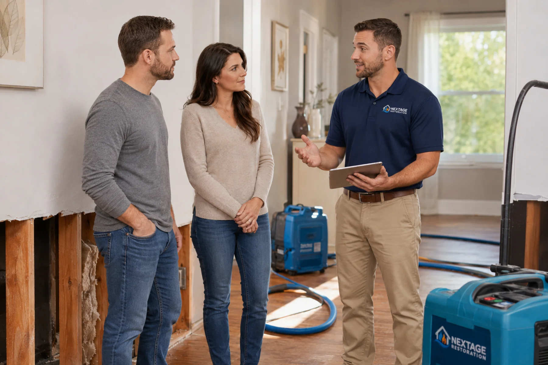 Nextage Restoration technician discussing water damage restoration with homeowners inside a Miami property.