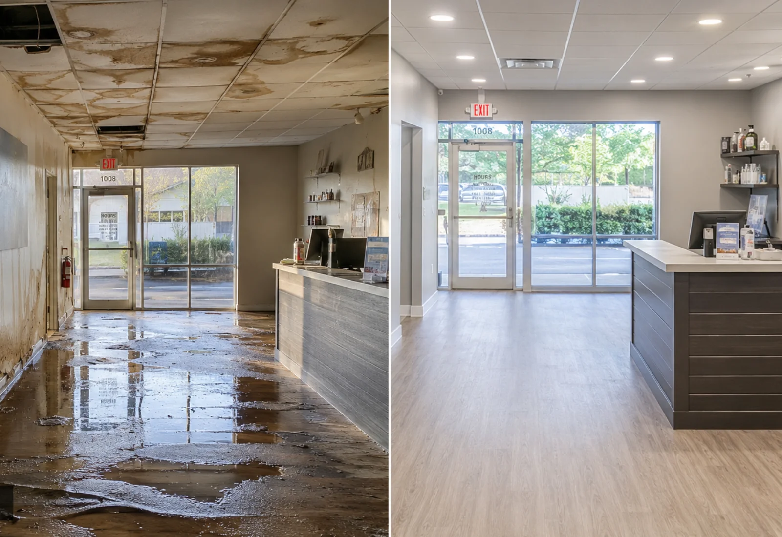 Before and after water damage restoration showing a damaged interior restored to a clean and dry condition.